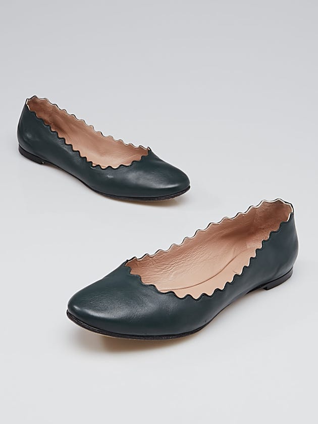 Chloe Dark Green Leather Waves Ballet Flats Size 7.5/38