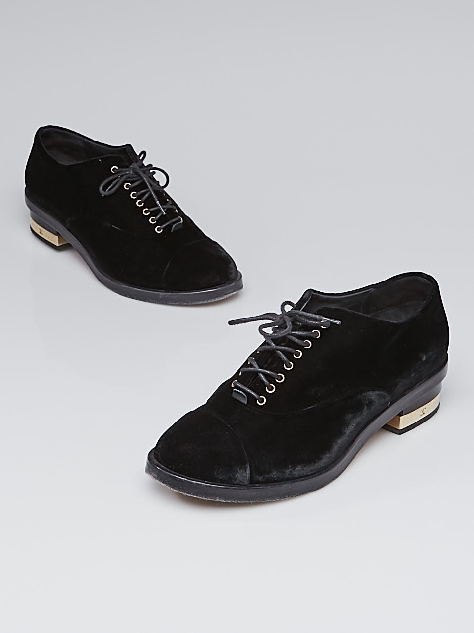 Chanel Black Velvet Lace-Up Oxford Loafers Size 5.5/36