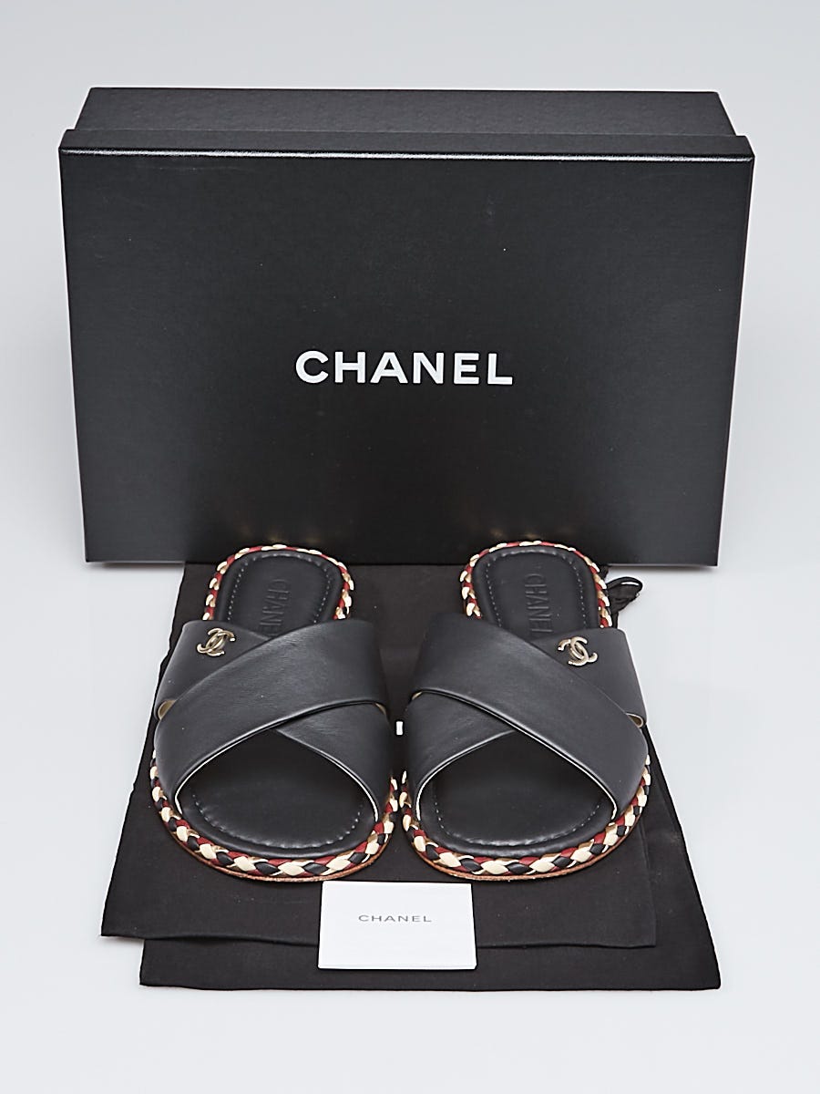 Chanel Black Lambskin Leather Braided Mule Flat Sandals Size 9.5