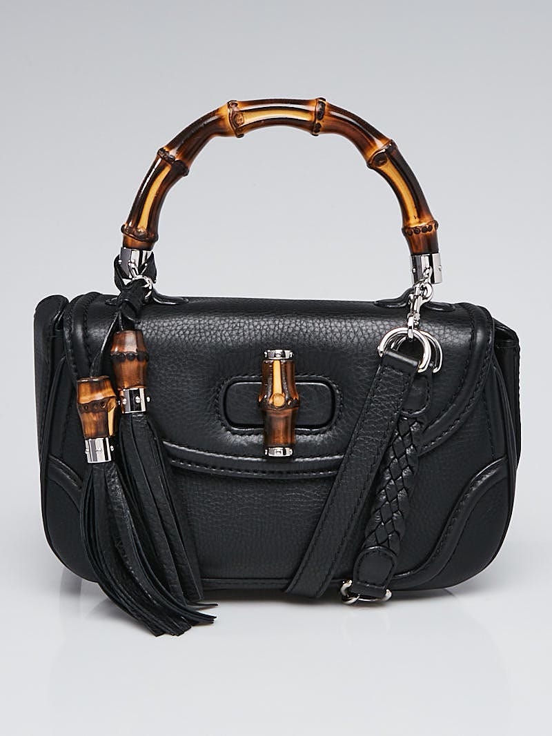 Gucci Black Pebbled Leather New Bamboo Medium Top Handle Bag