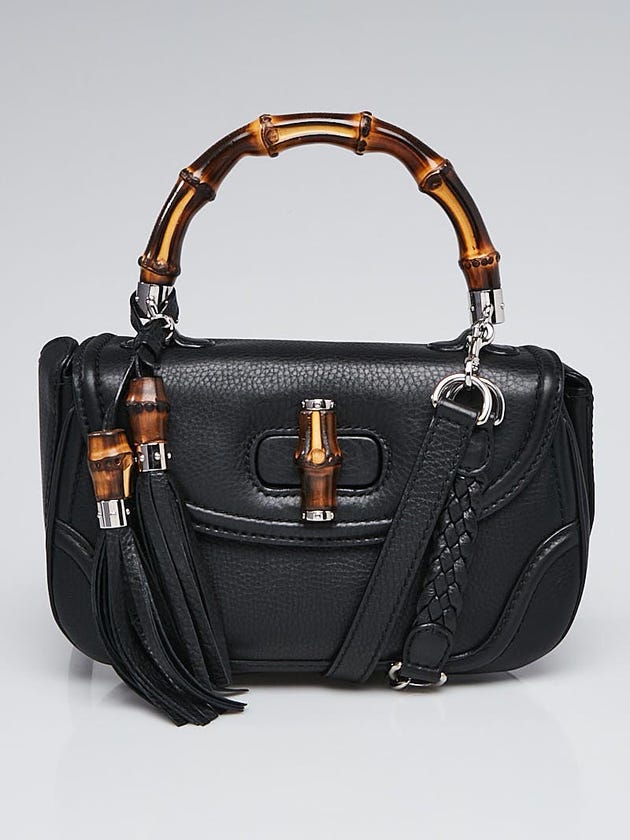 Gucci Black Pebbled Leather New Bamboo Medium Top Handle Bag