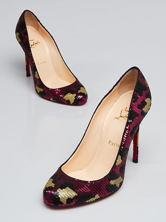 Christian Louboutin Fuchsia Leopard Print Sequin Fifi 100 Pumps Size 7.5/38