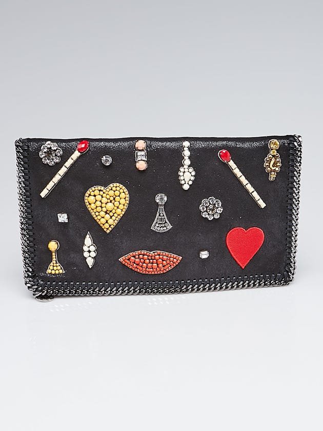 Stella McCartney Black Shaggy Deer Faux-Leather Falabella Embroidery Clutch Bag