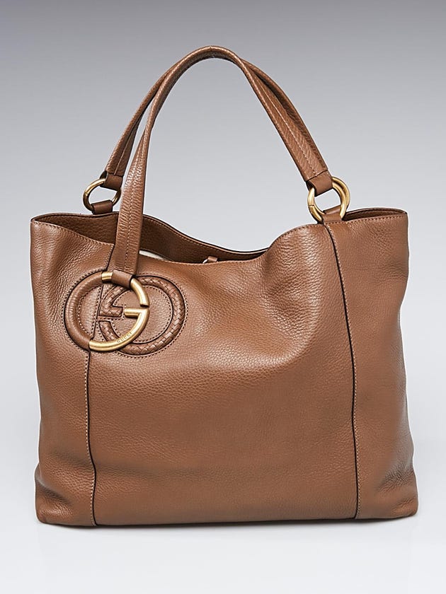 Gucci Brown Pebbled Leather Twill Medium Tote Bag