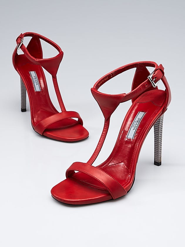 Prada Rosso Leather T-strap Sandals Size 6.5/37