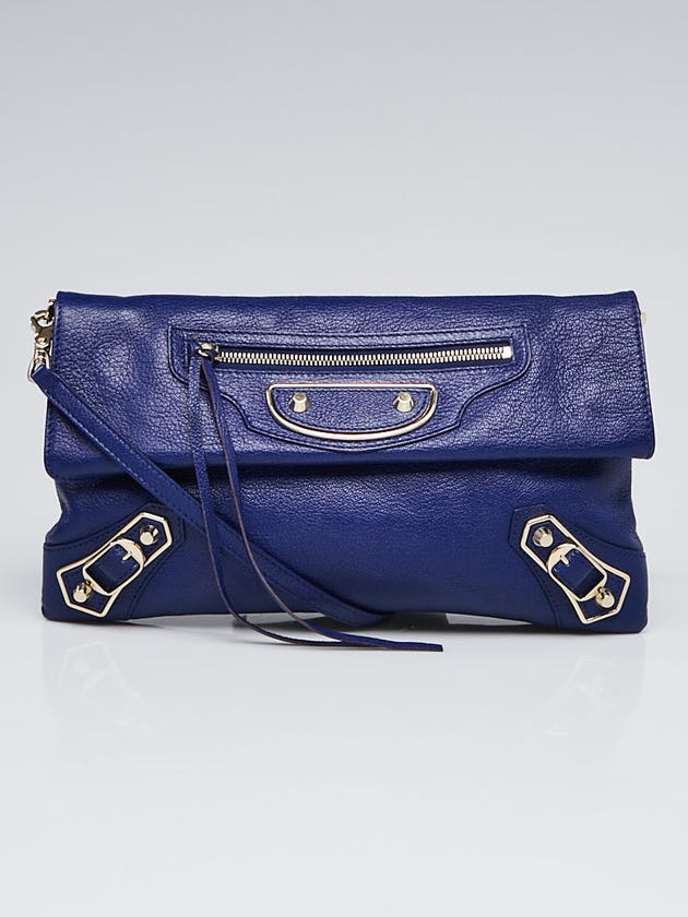 Balenciaga Blue Cobalt Chevre Leather Metallic Edge Envelope Clutch Crossbody Bag w/ Strap