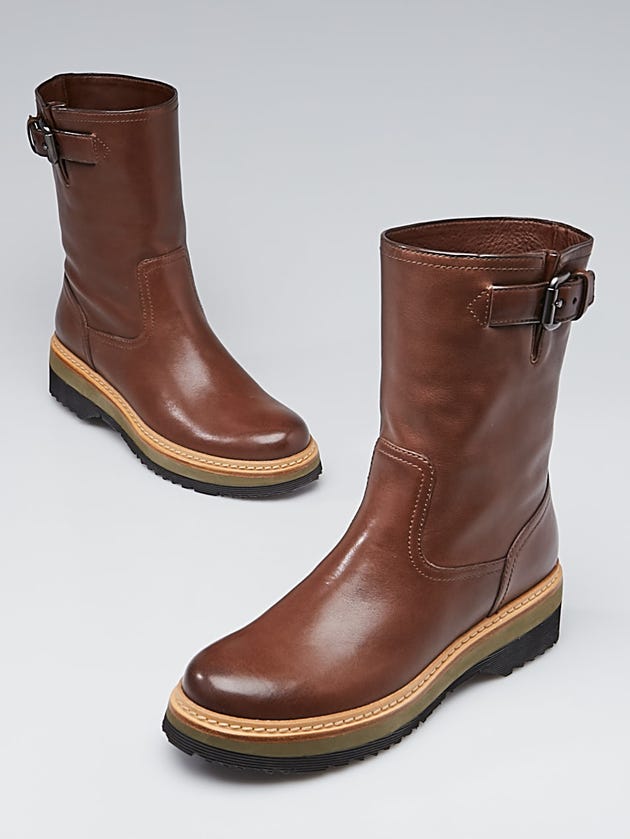Prada Brown Leather Calf High Flat Boots 6/36.5
