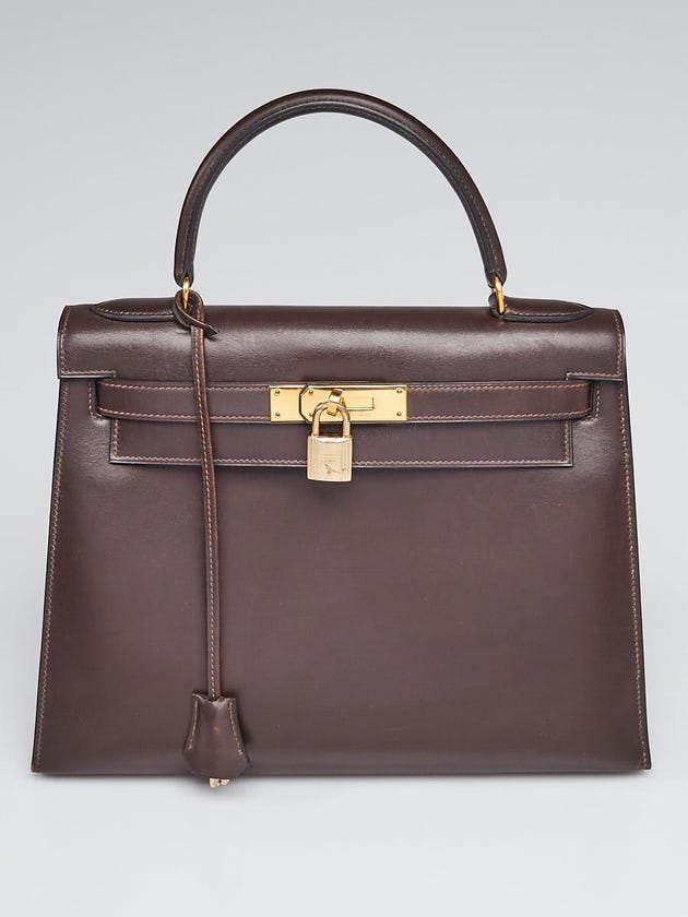 Hermes 28cm Ebene Box Leather Gold Plated Kelly Sellier Bag