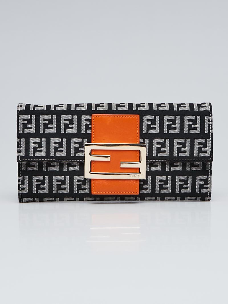 Fendi Blue Zucchino Canvas Orange Leather Long Wallet | Yoogi's Closet