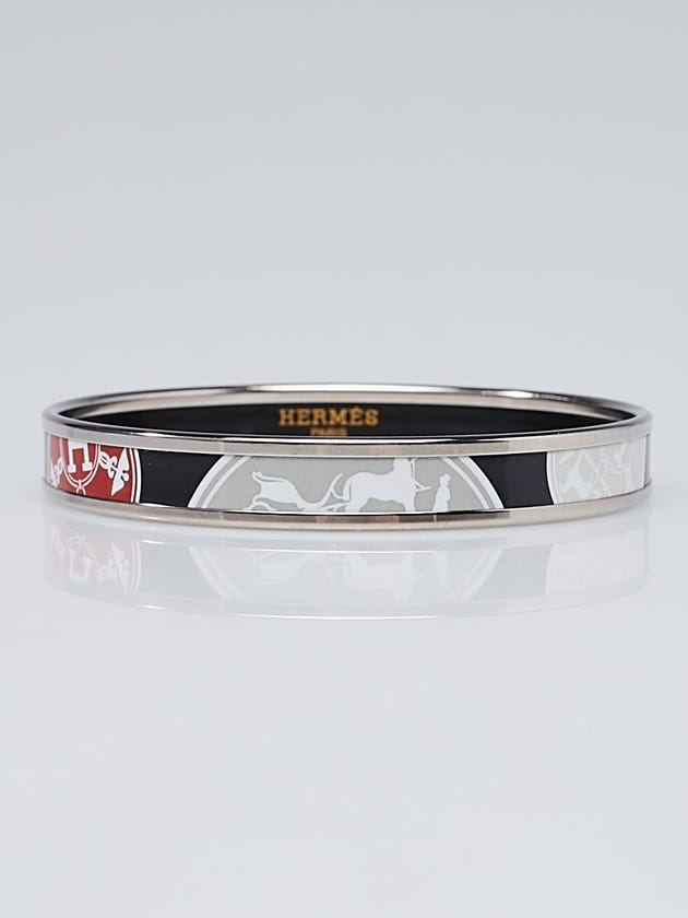 Hermes Black Multicolor Logo Printed Enamel Palladium Plated Narrow Bangle Bracelet