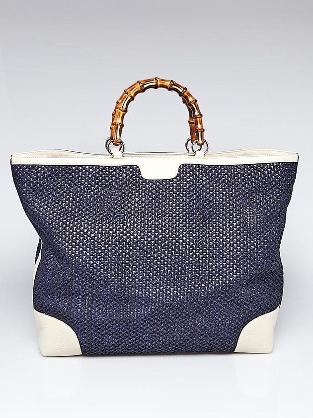 Gucci Blue/White Straw and Leather Bamboo Top Handle Tote Bag