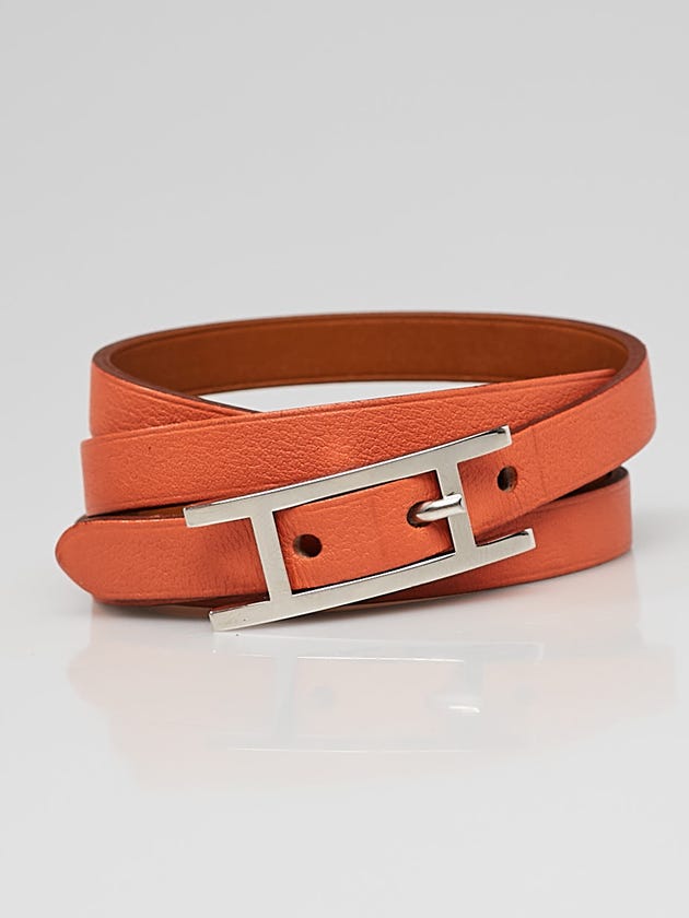 Hermes Orange Swift Leather Palladium Plated Hapi 3 MM Bracelet Size PM