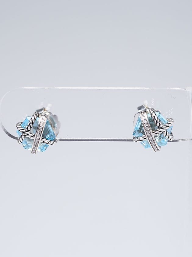 David Yurman 10mm Blue Topaz and Diamonds Sterling Silver Cable Wrap Stud Earrings