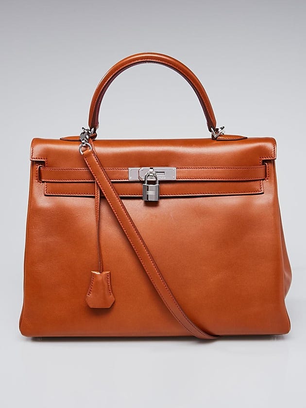Hermes 35cm Fauve Tadelakt Leather Palladium Plated Kelly Retourne Bag