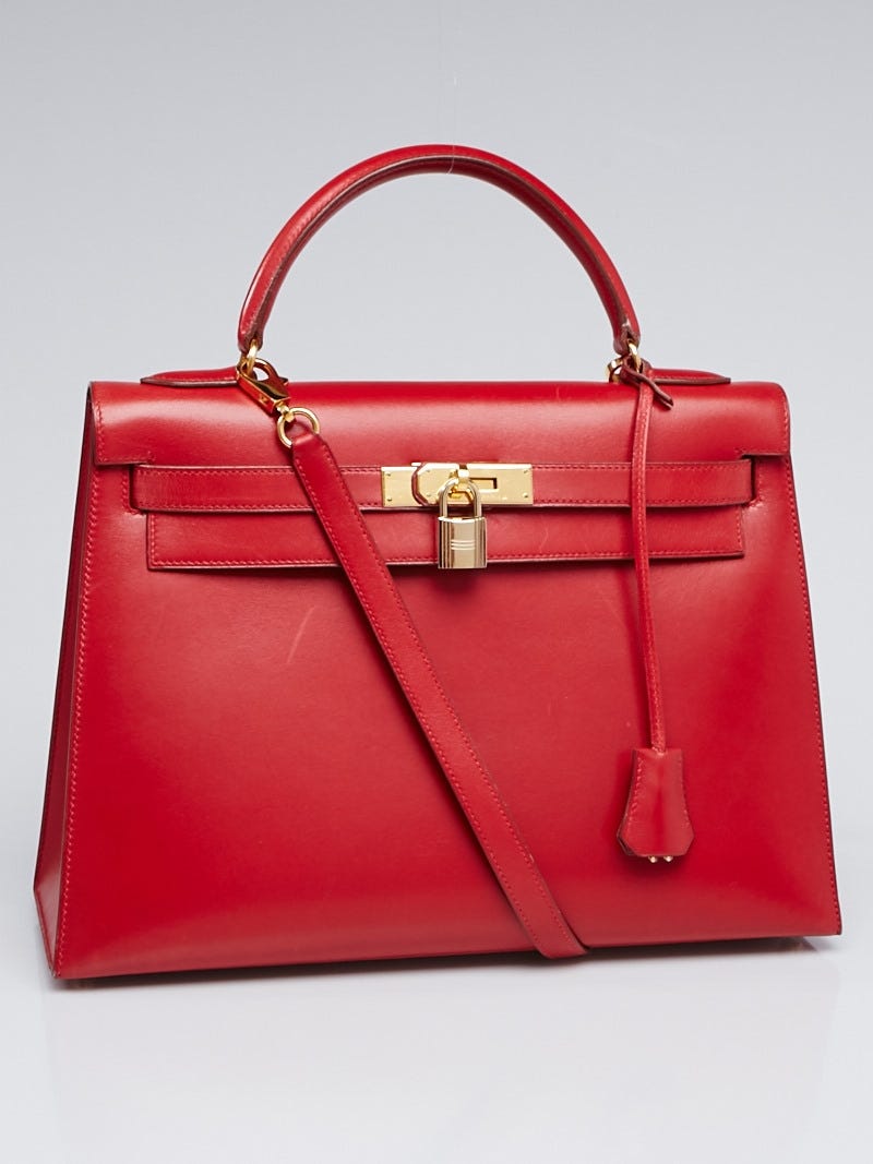 Hermes 32cm Red Box Leather Gold Plated Kelly Sellier Bag - Yoogi's Closet