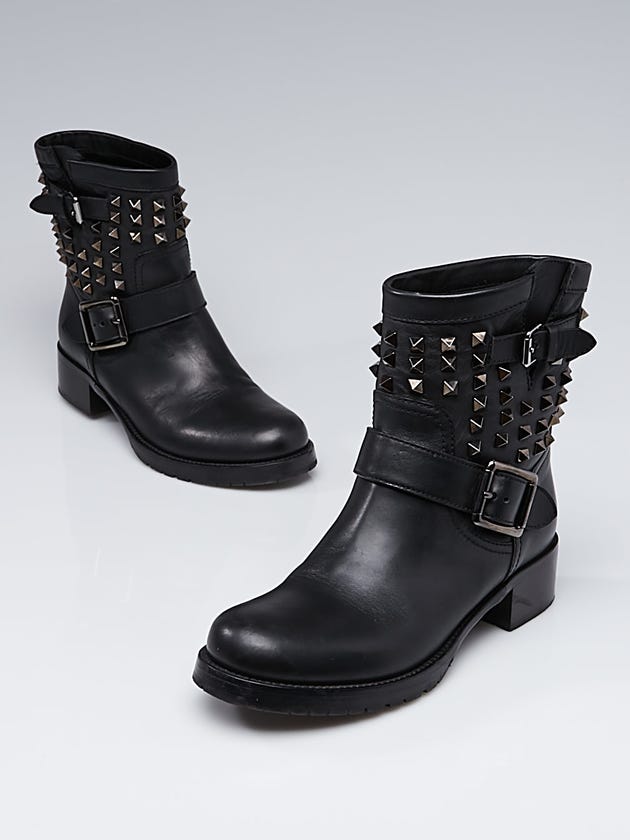Valentino Black Leather Rockstud Noir Biker Boots Size 7.5/38