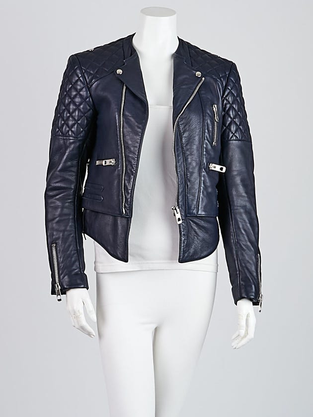 Balenciaga Navy Blue Quilted Lambskin Leather Biker Jacket Size 6/38