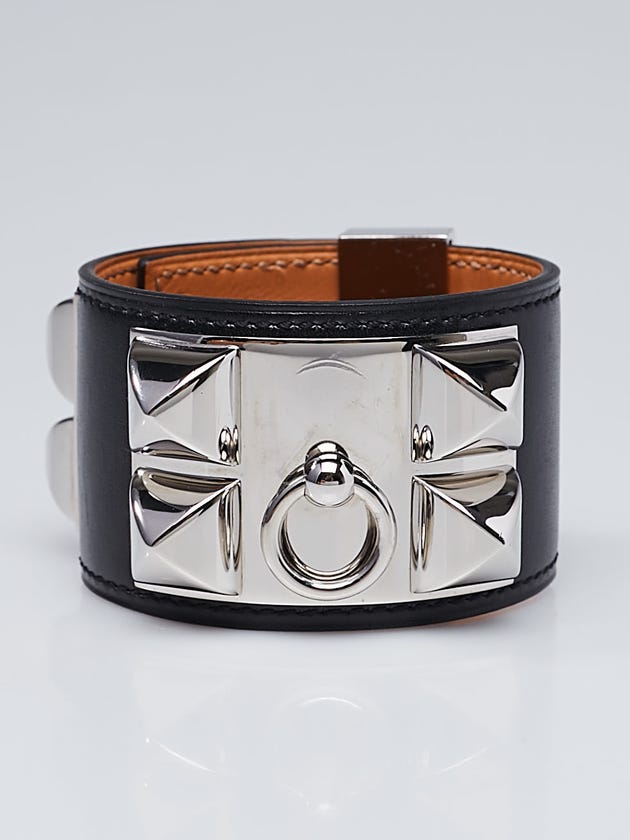 Hermes Black Box Leather Palladium Plated Collier de Chien Bracelet Size S