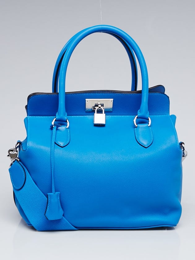 Hermes 26cm Blue Hydra Swift Leather Palladium Plated Toolbox Bag