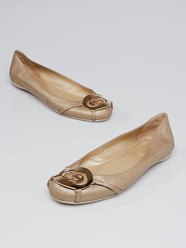 Gucci Gold Leather Goldtone GG Ballet Flats Size 7.5/38