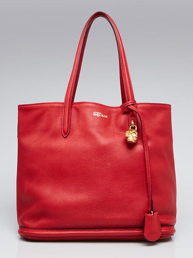 Alexander McQueen Red Leather Skull Padlock Shopper Tote Bag