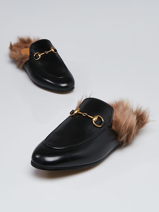 Gucci Black Leather and Fur Princetown Mules Flats Size 6.5/37