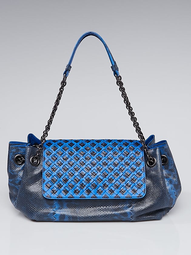 Bottega Veneta Blue/Black Lizard and Leather Woven Flap Shoulder Bag