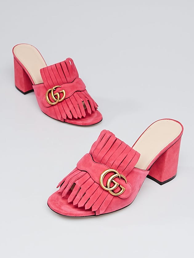 Gucci Hot Pink Suede Leather Marmont Peep Toe Kiltie Mule Shoes Size 8/38.5