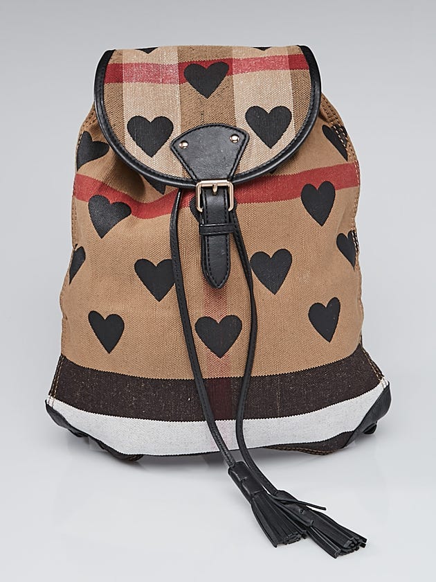 Burberry Black Leather Canvas Check Heart Print Backpack Bag