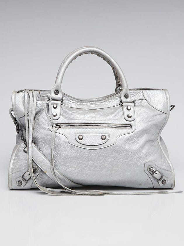 Balenciaga Silver Lambskin Motorcycle City Bag