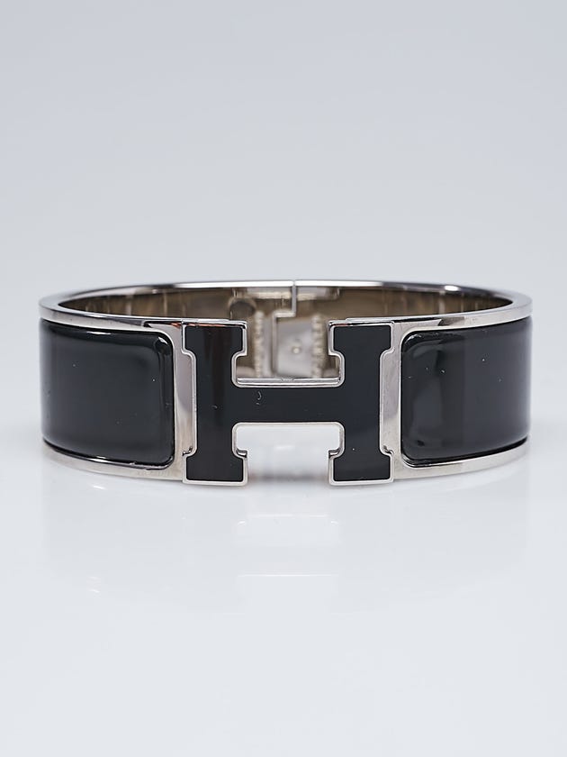 Hermes Black Enamel Palladium Plated Clic-Clac H PM Wide Bracelet