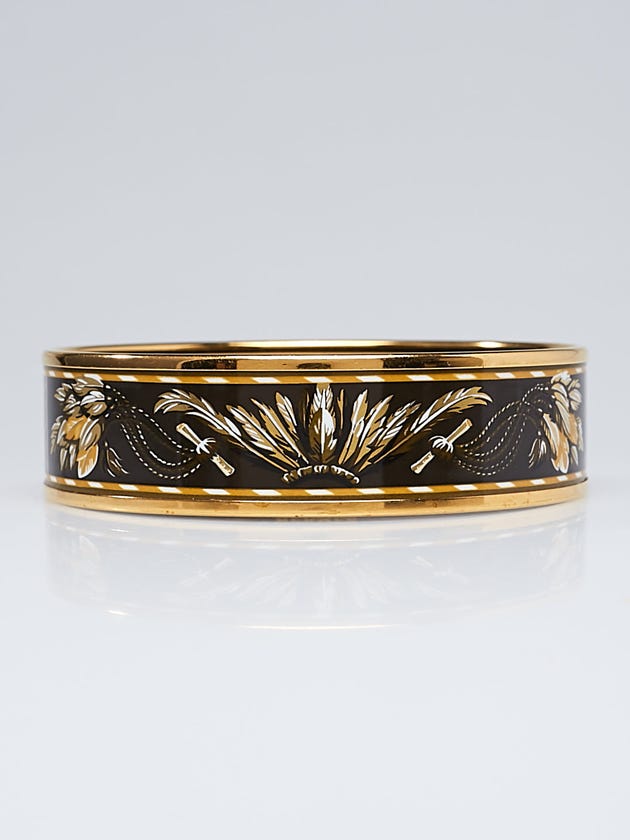 Hermes Brown/Gold Brazil Printed Enamel Palladium Plated Wide Bangle Bracelet Size 65