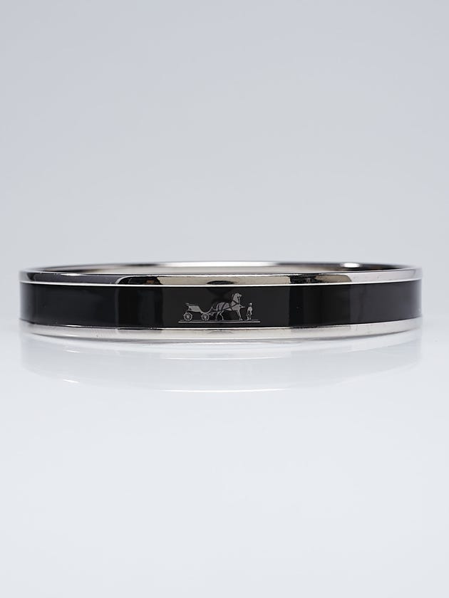 Hermes Black Enamel Palladium Plated Caleche Narrow Bangle Bracelet Size 65