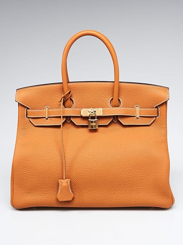 Hermes 35cm Toffee Clemence Leather Gold Plated Birkin Bag