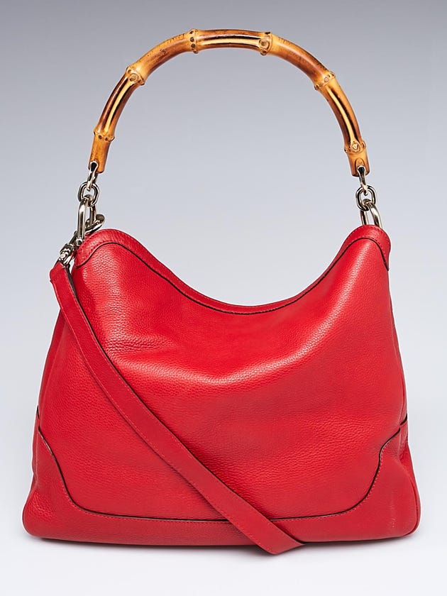 Gucci Red Pebbled Leather Diana Bamboo Handle Shoulder Bag