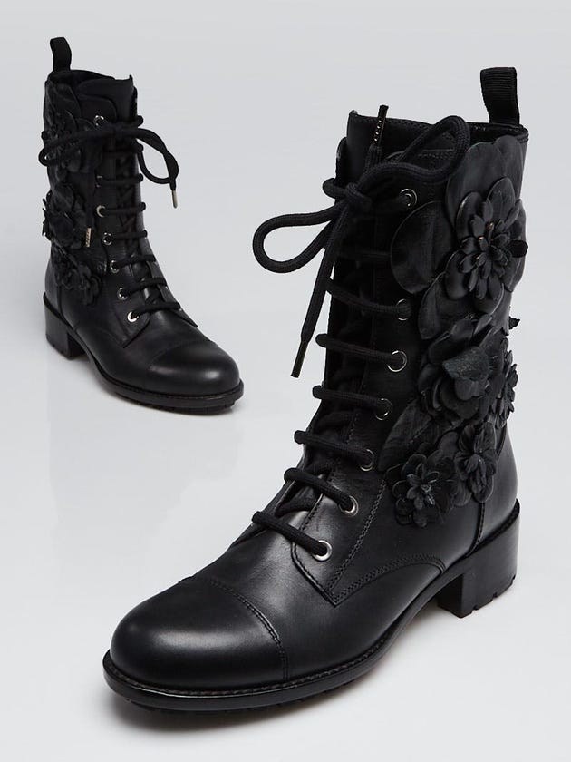 Valentino Black Leather Flower Lace Up Boots Size 5.5/36