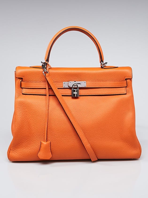 Hermes 35cm Orange Clemence Leather Palladium Plated Kelly Retourne Bag