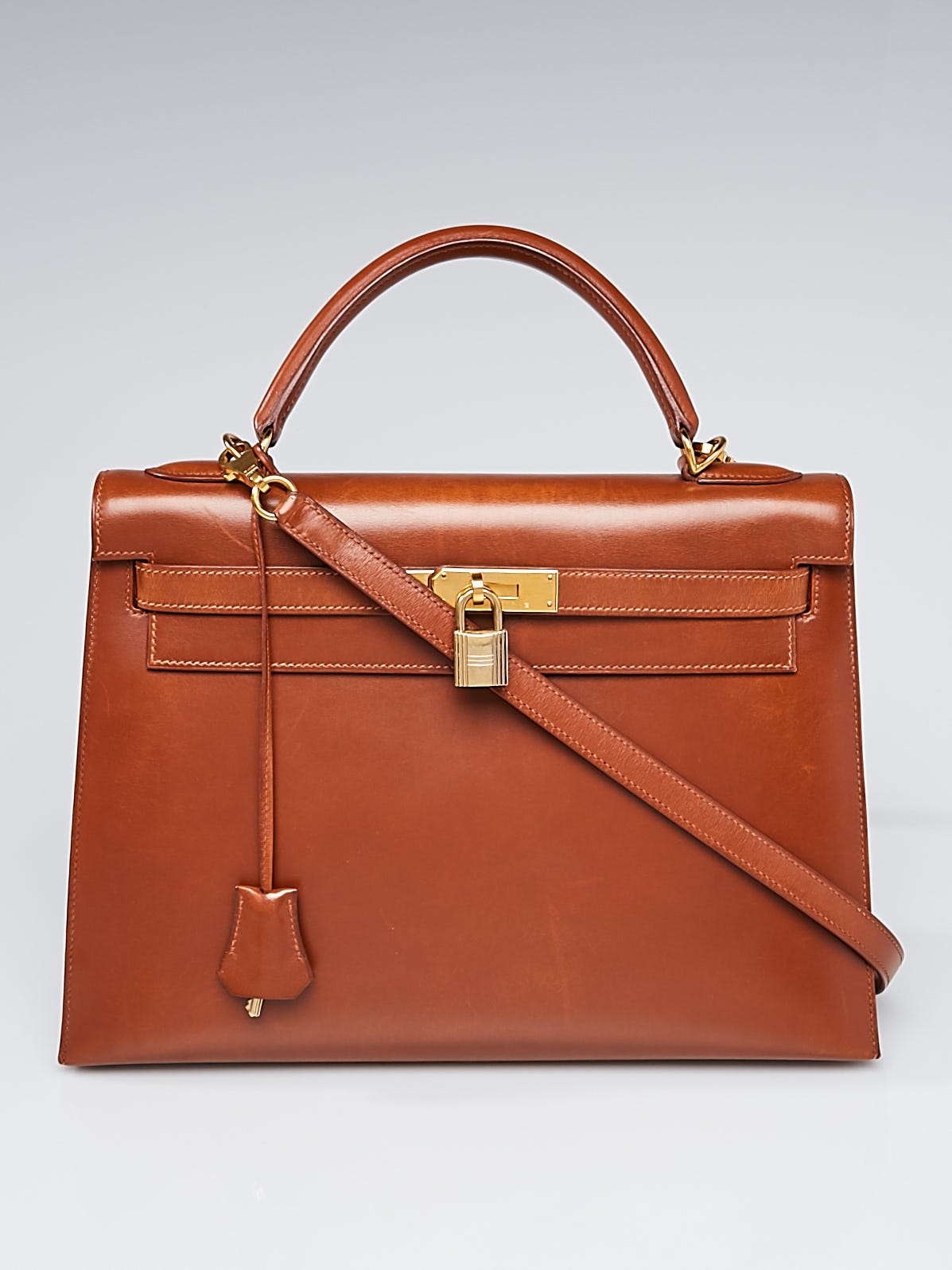 Hermes 32cm Noisette Ostrich Sellier Kelly Bag with Gold Hardware For Sale  at 1stDibs