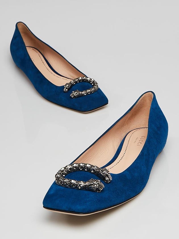 Gucci Vintage Blue Dionysus Embellished Square Toe Flats Size 8.5/39