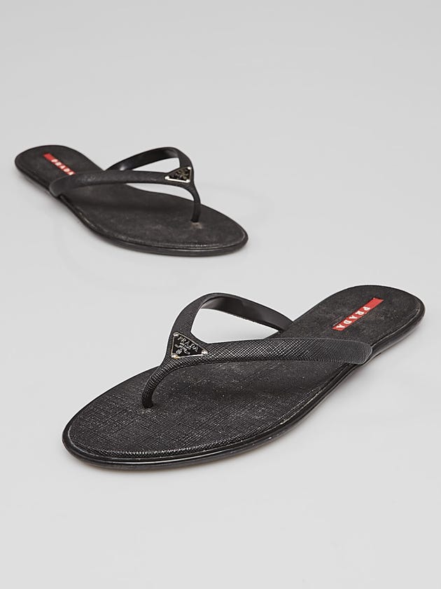 Prada Black Saffiano Logo Thong Sandals Size 8.5/39