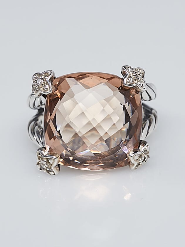 David Yurman 15mm Morganite and Diamond Cushion-on-Point Ring Size 7