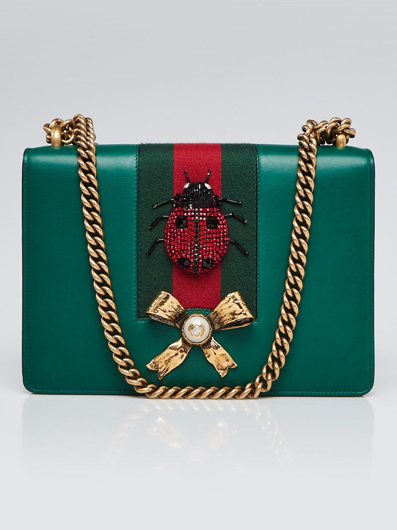 Gucci Green Smooth Calfskin Leather Vintage Web Ladybug Chain