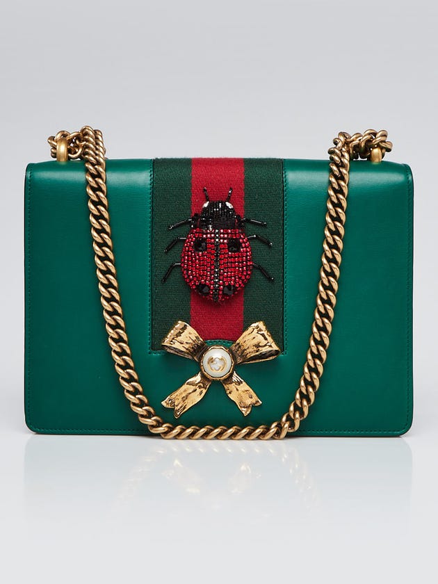Gucci Green Smooth Calfskin Leather Vintage Web Ladybug Chain Shoulder Bag