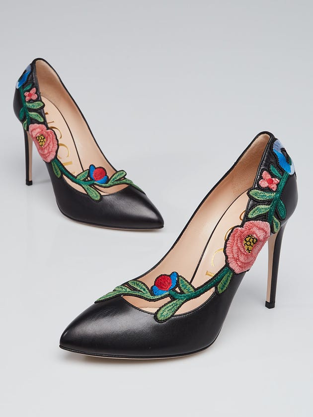 Gucci Black Leather Flora Embroidered Ophelia Pumps Size 8.5/39