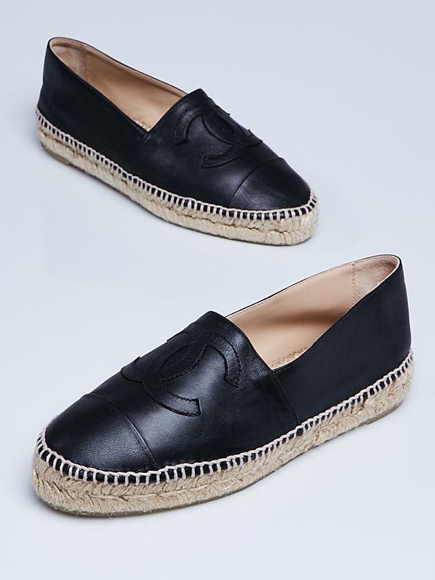 Chanel Black Lambskin Leather CC Espadrille Flats Size 7.5/38