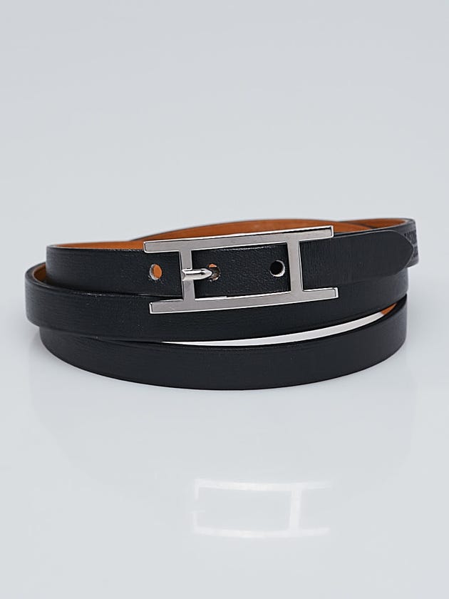 Hermes Black Chamonix Leather Palladium Plated Hapi 3 MM Bracelet Size S