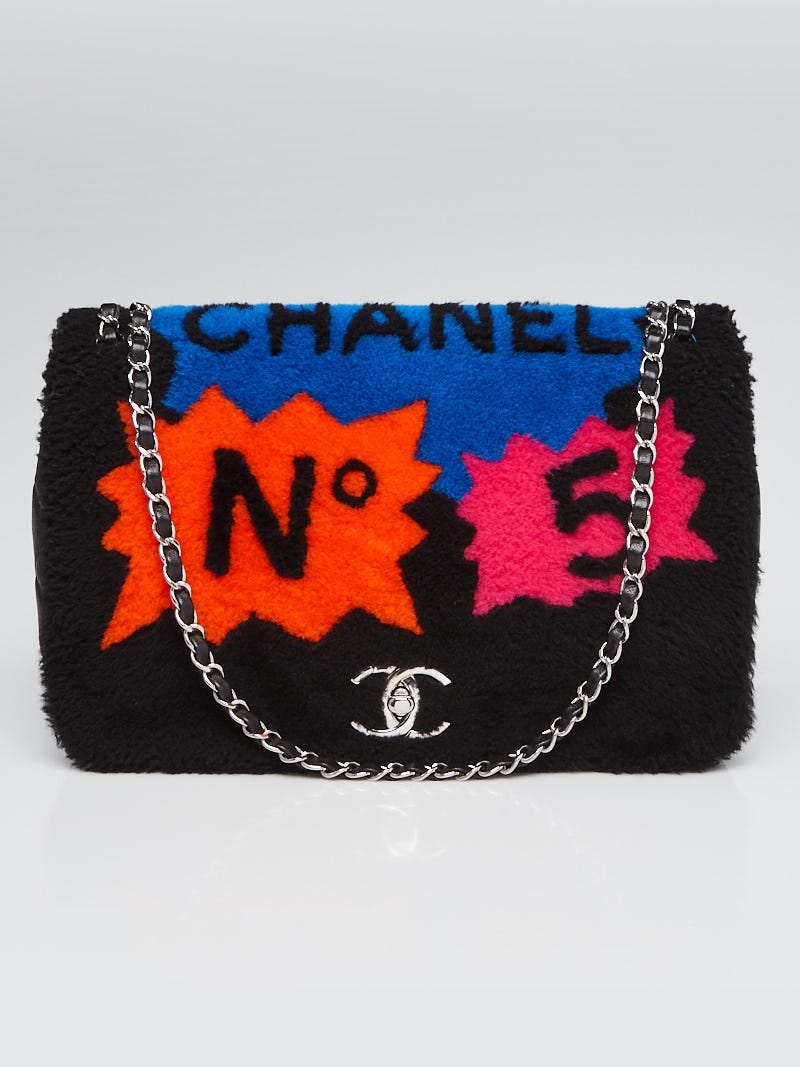 Chanel Black Multicolor Shearling and Lambskin Leather Comic Jumbo Flap Bag  - Yoogi's Closet