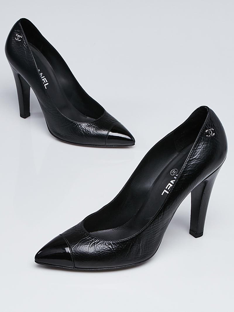 Chanel Black Crinkled Leather Pointed Cap Toe CC Pumps Size 10.5/41 -  Yoogi's Closet