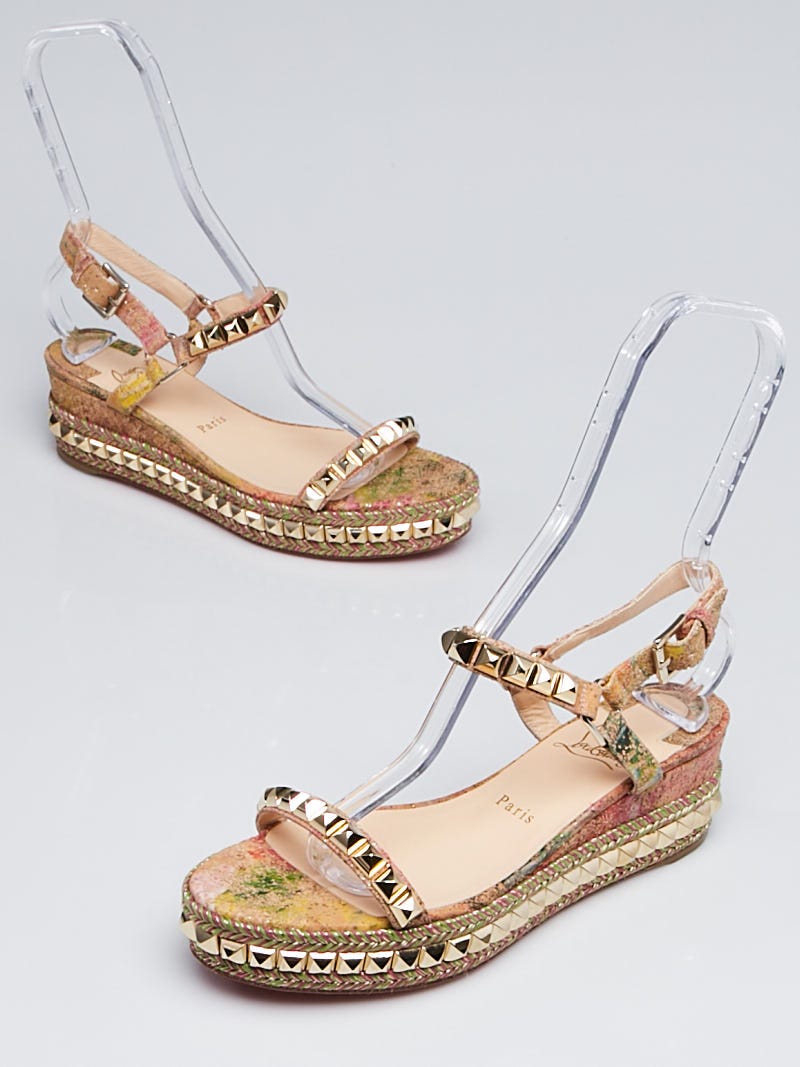 Christian Louboutin Multicolor/Gold Studded Suede Cataclou 60 Platform  Espadrille Sandals Size 8.5/39 | Yoogi's Closet