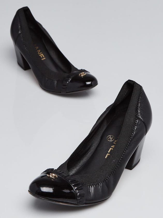 Chanel Black Lambskin Leather Ruffle Cap Toe Elastic Pumps Size 4/34.5